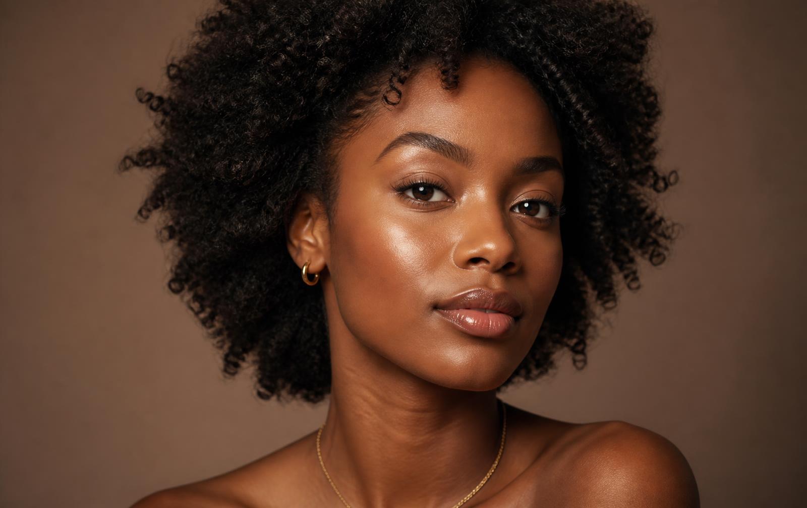 Editorial portrait of a woman with styled natural hair