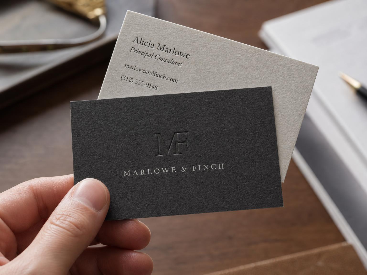 Close-up of a hand holding two premium letterpress business cards for the fictional firm Marlowe & Finch