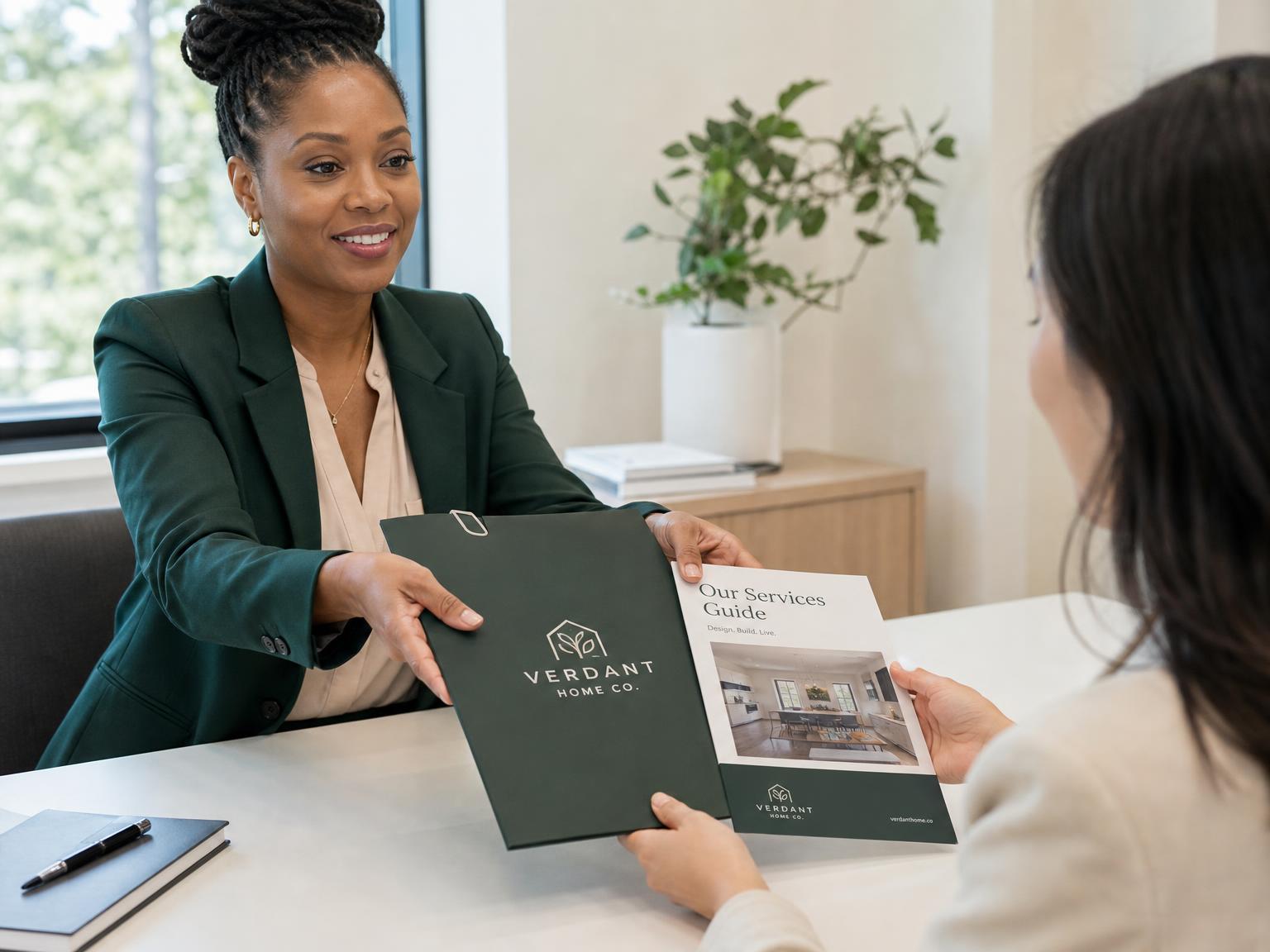 A businesswoman handing a branded folder and printed service guide for the fictional Verdant Home Co. to a client across a meeting table