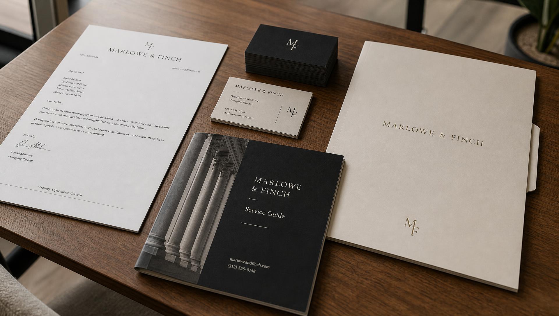 Unbranded printed business materials arranged on a desk