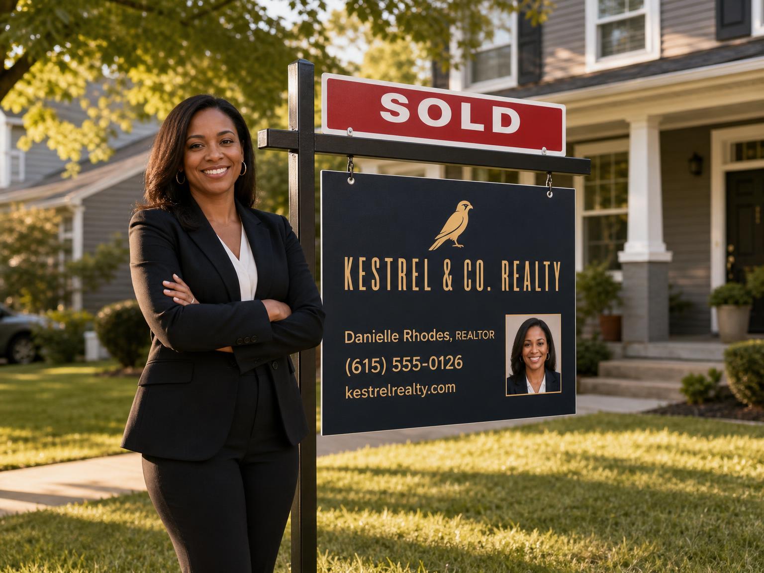 A real estate professional standing beside a branded listing sign with a SOLD rider for the fictional Kestrel & Co. Realty in front of a suburban home at golden hour