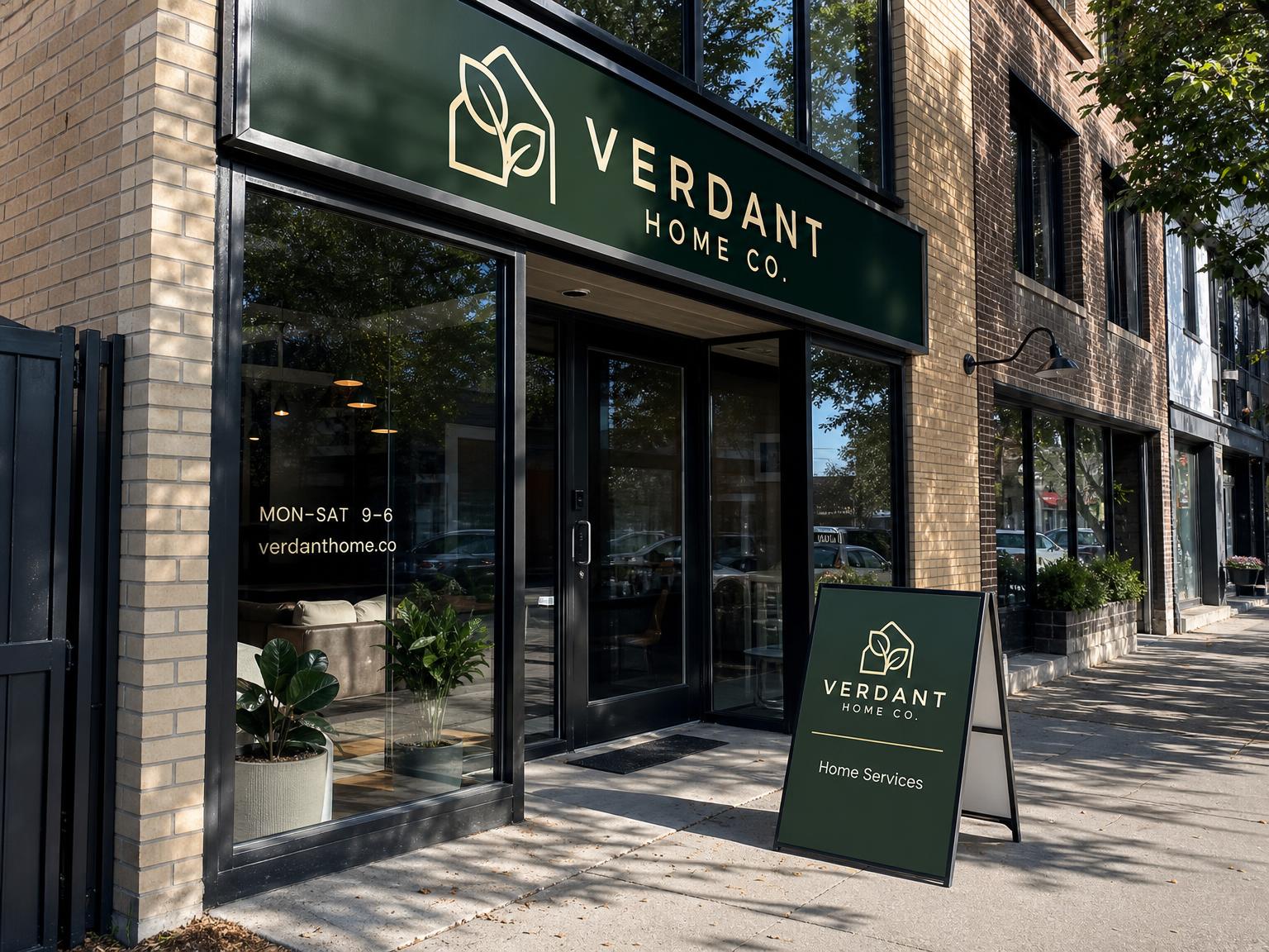 Modern small-business storefront with an exterior sign and sidewalk A-frame branded for the fictional Verdant Home Co.