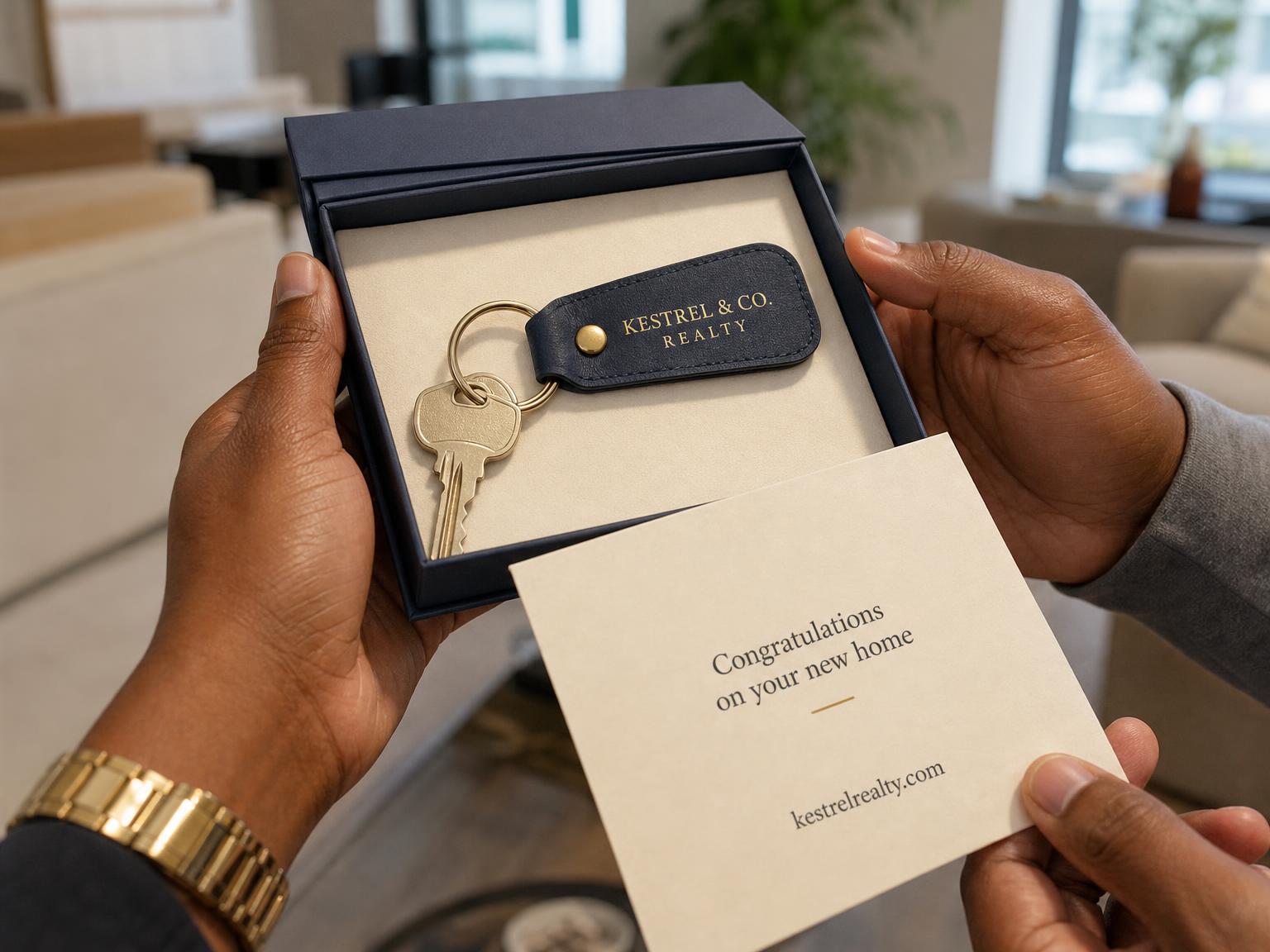 A house key on a branded Kestrel & Co. Realty key tag presented in an open gift box with a closing card, handed between two people